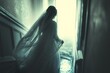 © EliteStockPhotos - Halloween: A ghostly female apparition shrouded in a flowing veil, creating an eerie yet captivating atmosphere, ideal for spooky-themed events, invitations, and decor.