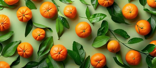 Aufkleber - Top down view of numerous ripe mandarins with vibrant green leaves on a colorful backdrop ideal for text placement in the copy space image