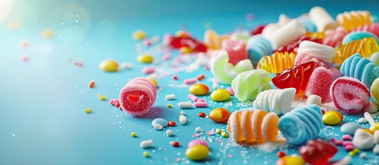 Aufkleber - Blue background with jelly candies and marshmallows for copy space image
