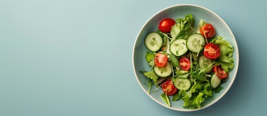 Poster - Fresh vegetable salad in a bowl with tomato and cucumber on a light blue backdrop perfect for a copy space image