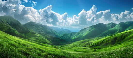 Wall Mural - scenic green meadow on a hill with green mountains and a blue sky with clouds creating a picturesque