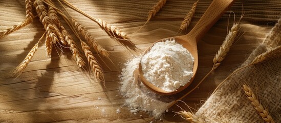 Poster - A wooden spoon filled with flour on a burlap sack surrounded by wheat ears on a wooden table casting shadows in the background with copy space image
