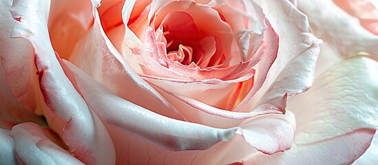 Poster - Close up of a fully bloomed big white and pink rose in a garden with copy space image