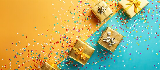 Poster - Top view of golden gift boxes and confetti on a colorful background with copy space image