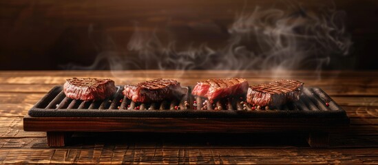 Wooden table displaying an electric grill cooking flavorful meat steaks leaving room for a caption in the copy space image