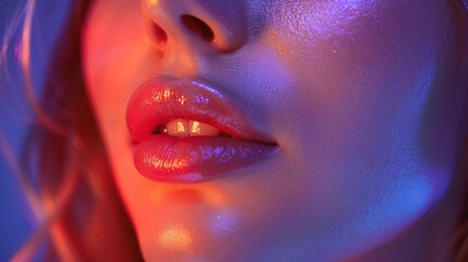 Wall Mural - Close-up of a woman's lips with glossy finish, illuminated by colorful lights creating a vibrant and artistic effect.