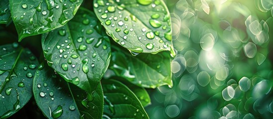 Poster - Abundant nature depicted in a vibrant photo of rain soaked green leaves with water droplets glistening for copy space image