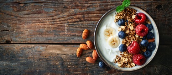 Sticker - Top view of a delicious bowl with granola berries almonds and yogurt on a wooden table leaving room for a text overlay on the copy space image