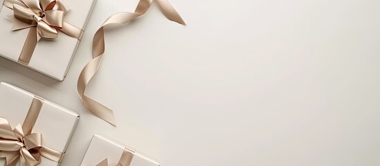 Aufkleber - Top view of gift boxes with beige ribbon on a white backdrop with copy space image