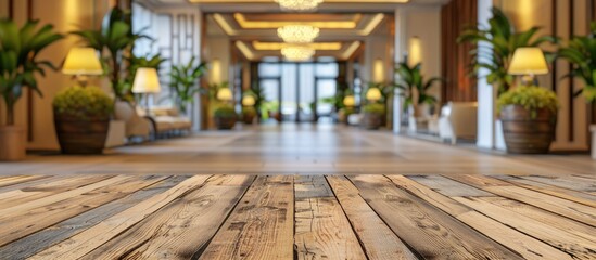 Wall Mural - A wooden table in the foreground with a blurred hotel lobby in the background serves as an ideal setting to showcase items in an advertisement with copy space image