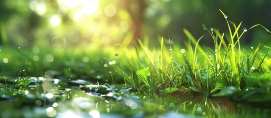 Aufkleber - After a rainy day rainwater can be seen on the grass leaves in the copy space image