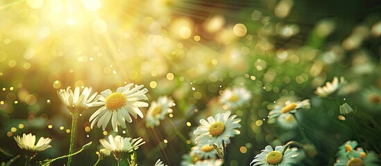 Poster - Soft focus on chamomile flowers in a field during summer with a blurred background allowing for copy space image