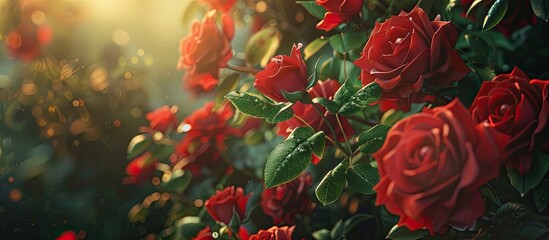 Aufkleber - Close up of red roses on a bush in the garden creating a stunning copy space image representing nature s beauty with delicate flowers symbolizing love