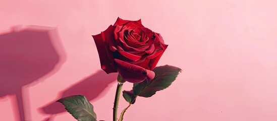 Poster - A red rose with copy space image against a pink backdrop with negative space