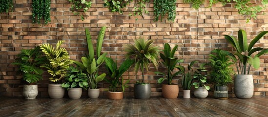 Poster - Houseplants arranged on the floor against a brown brick wall creating a composition with copy space image