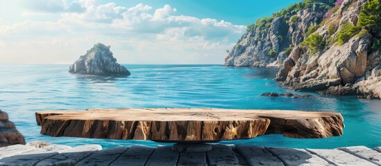 Wall Mural - A picturesque wooden block crafted from a tree trunk serves as a table top against a scenic backdrop of a beach blue sea rocks and a rocky mountain island providing ample copy space for products and