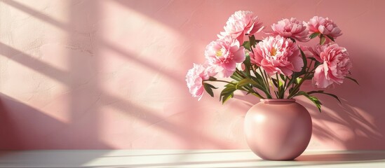 Poster - Home decor with a lovely arrangement of pink peonies in a vase on a table perfect for adding text in a copy space image