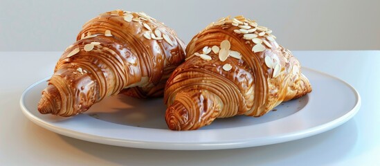 Aufkleber - Croissants with almonds displayed on a white plate with copy space image