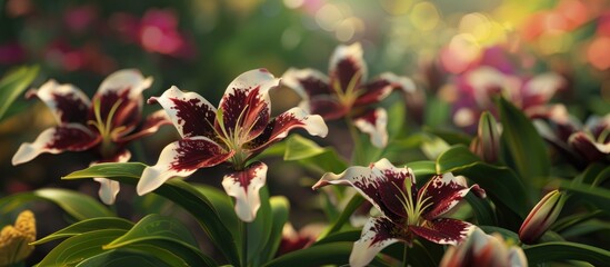 Poster - Enjoy the view of dark maroon and white Checkered Lily flowers in a spring garden with vibrant green leaves in the foreground perfect for your copy space image