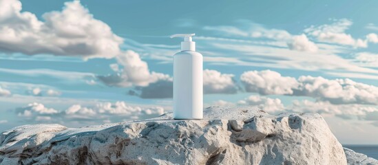 Poster - Front view of unlabeled white cosmetic bottle on gray stone podium with sand texture and blue sky background perfect copy space image for cosmetic ad design