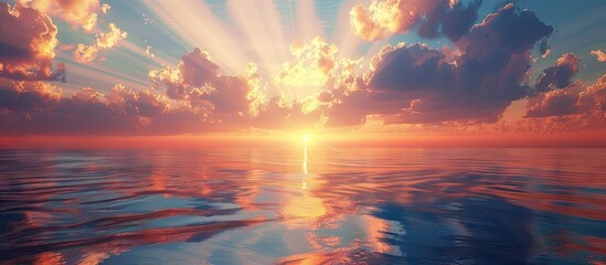 Poster - Tranquil sunset scene with sunbeam on a colorful romantic dusk sky creating a beautiful idyllic natural setting for a photo with copy space image