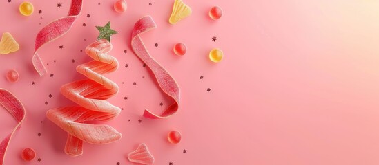 Aufkleber - Pink background with jelly candies and ribbon shaped like Christmas trees there s room for text in the image. Creative banner. Copyspace image