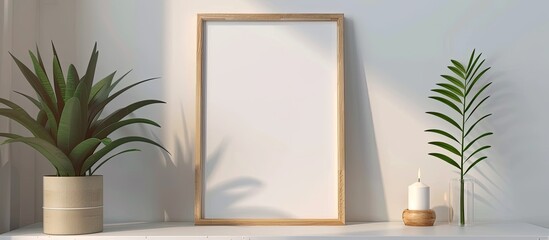 Poster - A wooden frame with copy space image is placed on a table with a plant and candle in a home interior ideal for showcasing a poster