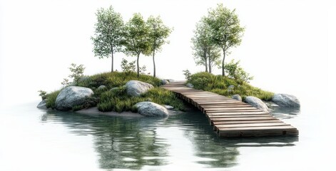 Poster - Embedded in a wooded island with trees is a wooden walkway