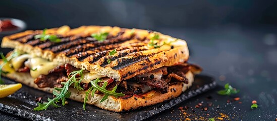 Poster - Turkish street food sandwich with cheese and meat served on a black griddle with a side of lemon creating a delicious visual with copy space image