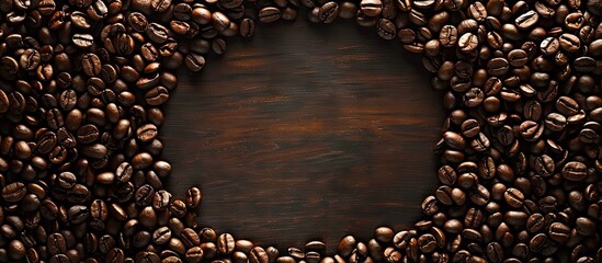 Poster - A circle frame made of richly roasted coffee beans against a dark backdrop with a copy space image