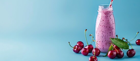 Poster - Smoothie bottle featuring cherries on a blue backdrop with copy space image