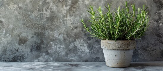 Poster - Aromatic herb a rosemary plant in a pot on a textured grey table with copy space image