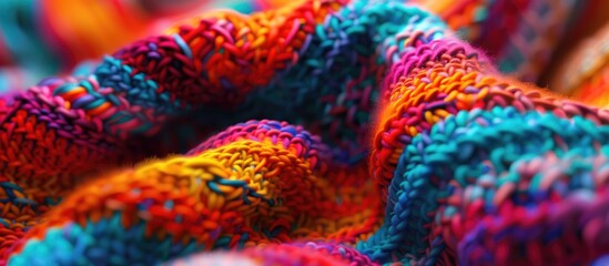 Close up of a large knitted fabric showcasing a colorful abstract pattern ideal for a copy space image