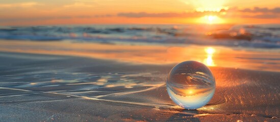 Sticker - A glass ball on the sandy beach reflects the sea sunset providing a serene copy space image