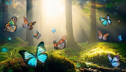 Wall Mural - wide panoramic of fantasy forest with glowing butterflies fantasy scenery