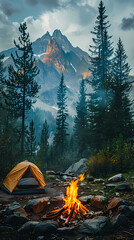 In the forest, camping tent, bonfire, backpack, and summer camp. landscape with mountain, forest and campsite.stockphoto style