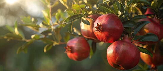 Aufkleber - Detailed close up of ripe red pomegranates on a tree branch at a Mediterranean farm offering a copy space image in the background