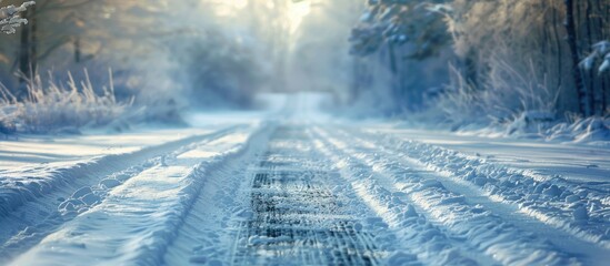 Aufkleber - Snow covered road with tire tracks captured in the image with copy space