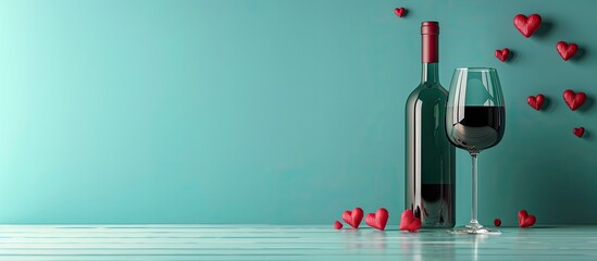 Leinwandbilder - Valentine s Day composition featuring a wine bottle and glass on a turquoise backdrop with copy space image