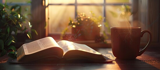 A peaceful Christian morning scene is depicted with a cup of tea and an open Bible in the background creating a serene atmosphere in this copy space image