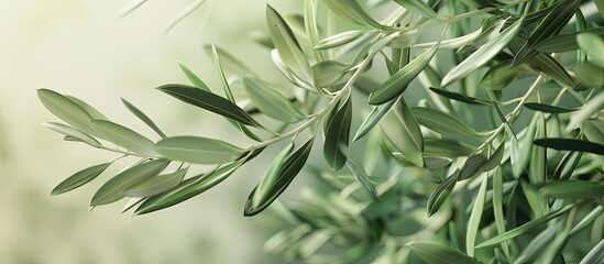 Wall Mural - Close up of a green olive tree branch with copy space image