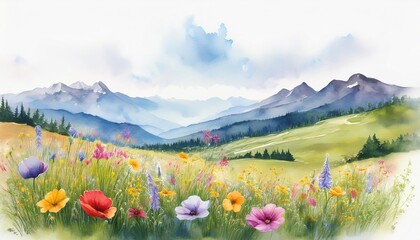 watercolor summer landscape with wildflowers and mountains digital watercolor painting printable artwork generative ai