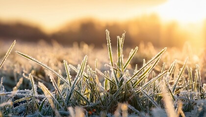 frost on the grass ice crystals on meadow grass close up nature background grass with morning frost in the meadow frozen grass on meadow at sunrise light winter frosty backgrou