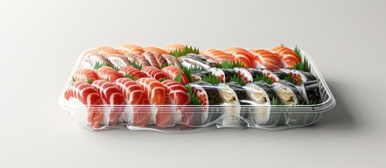 Aufkleber - Plastic container showcasing various wrapped food items with copy space image available