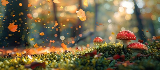 Poster - Beautiful fall nature outdoors with golden foliage on the forest floor green moss mushrooms and falling colorful leaves in a park captured in a slow motion copy space image