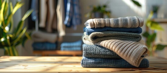 Neatly folded women s clothes clean and fresh in a tidy pile on a wooden table Shirts and sweaters stacked beside the background rail with neutral clothes Close up copy space image