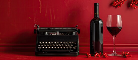 Leinwandbilder - Valentine s Day celebration portrayed in a composition featuring a vintage typewriter a wine bottle and a glass on a red background with copy space image