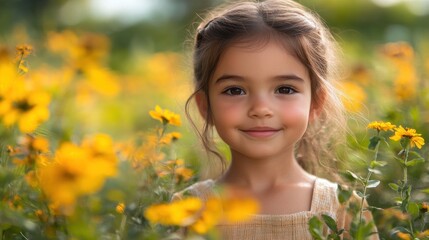 Happy young girl with dark hair in yellow flower field