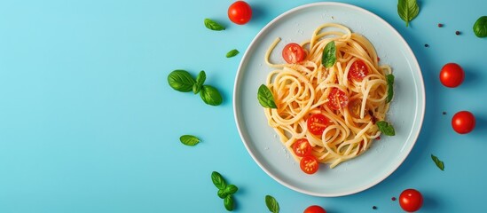 Aufkleber - Plate with delicious pasta primavera on a blue backdrop complete with copy space image