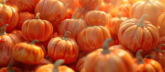 Poster - A close up copy space image featuring numerous vibrant orange gourds and pumpkins